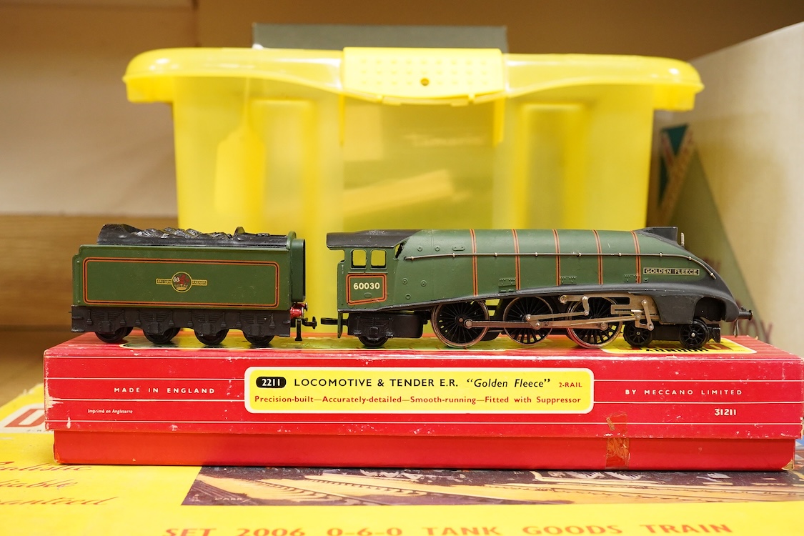 A collection of Hornby Dublo for 2 rail running, including; a boxed BR class A4 4-6-2, Golden Fleece 60030, (2211), together with three boxed bogie coaches and two wagons, plus four unboxed wagons, and a complete box set